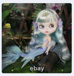 12Blythe Nude Doll from Factory Blue Mix Hair With Make-up Eyebrow Mermaid suit