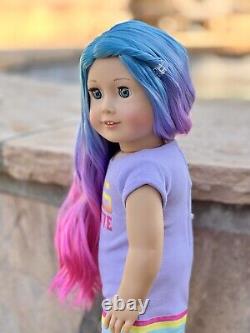 American Girl Custom OOAK Pink Blue Purple Rainbow ombré Hair, Blue Green Eyes