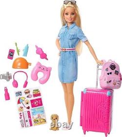 Barbie Doll and Travel Set with Puppy, Luggage & 10+ Accessories, Multicolor & B