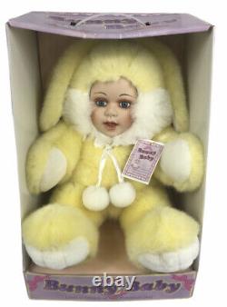 Bunny Baby Doll- Porcelain Collectible Easter Rabbit Plush Blue Eye Baby Doll