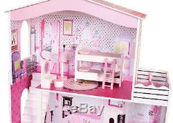 Large Barbie Wooden Dolls House Kids Doll House 17PCS Furniture & Lift Cottage