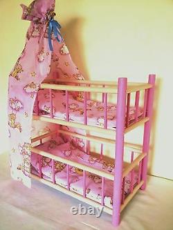 New Wooden Bunk Bed Cot Crib Dolls Toy With Pink Bedding Set And Canopy Sale 20%