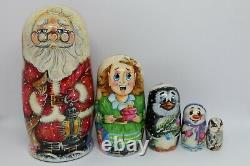 Santa Claus Christmas nesting doll matryoshka 7 tall 5 in 1 Set #05 Hand made