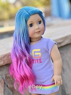 American Girl Custom Ooak Rose Bleu Violet Arc-en-ciel Cheveux Ombré, Yeux Vert Bleu