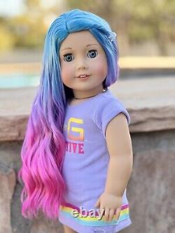 American Girl Custom Ooak Rose Bleu Violet Arc-en-ciel Cheveux Ombré, Yeux Vert Bleu