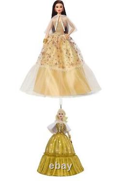 Poupée Barbie de vacances avec cheveux blonds et ensemble d'ornements de cheveux noirs - Cadeau de Noël 2023 pour collectionneurs