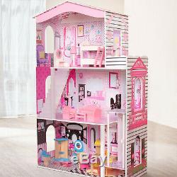 Poupée Enfants En Bois Maison Avec 3 Étages 17pcs Mobiliers Barbie Dollhouse Cottage